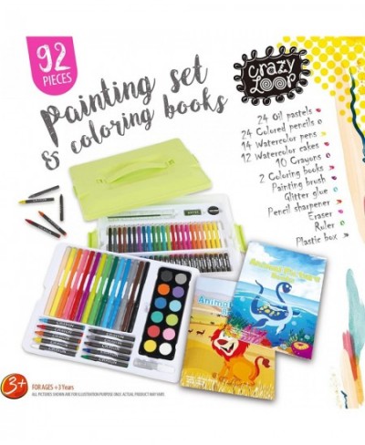 92 Pieces Kids Art Paint Set + 2 Coloring Books. Washable Carry Box. Watercolor Pastels Crayons Pencils. Kid Toddler Children...