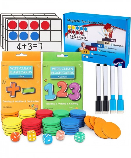 Magnetic Ten-Frame Set Math Manipulatives 142pcs Kit 5 Frames + 55 Magnetic Math Counters + 5 Dice + 72 Math Flash Cards + 4 ...