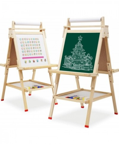 Kids Easel Wooden Art Easel Adjustable Standing Easel Double-Sided Drawing Easel with Paper Roll Magnetic Chalkboard & Whiteb...