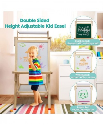 Kids Easel Wooden Art Easel Adjustable Standing Easel Double-Sided Drawing Easel with Paper Roll Magnetic Chalkboard & Whiteb...