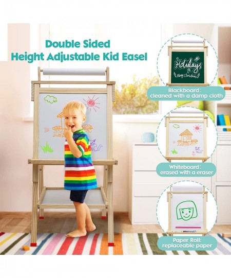 Kids Easel Wooden Art Easel Adjustable Standing Easel Double-Sided Drawing Easel with Paper Roll Magnetic Chalkboard & Whiteb...