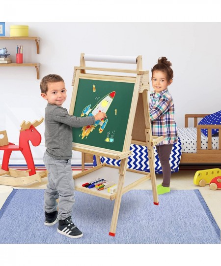 Kids Easel Wooden Art Easel Adjustable Standing Easel Double-Sided Drawing Easel with Paper Roll Magnetic Chalkboard & Whiteb...