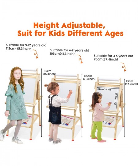 Kids Easel Wooden Art Easel Adjustable Standing Easel Double-Sided Drawing Easel with Paper Roll Magnetic Chalkboard & Whiteb...