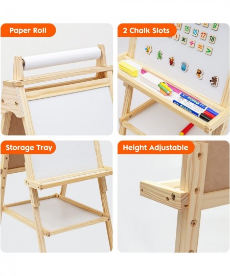 Kids Easel Wooden Art Easel Adjustable Standing Easel Double-Sided Drawing Easel with Paper Roll Magnetic Chalkboard & Whiteb...