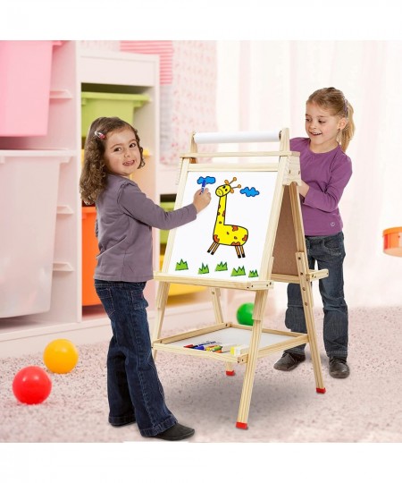 Kids Easel Wooden Art Easel Adjustable Standing Easel Double-Sided Drawing Easel with Paper Roll Magnetic Chalkboard & Whiteb...