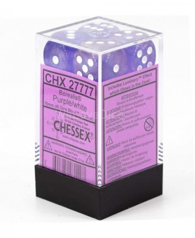 Borealis 16mm d6 Purple/White Luminary Dice Block (12 dice) (27777) $23.01 - Game Accessories