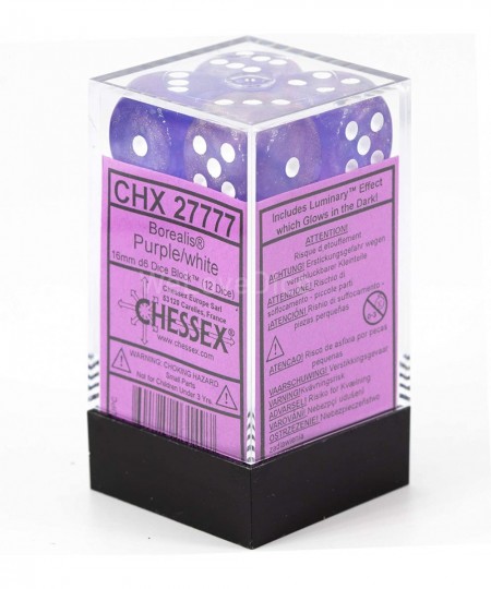 Borealis 16mm d6 Purple/White Luminary Dice Block (12 dice) (27777) $23.01 - Game Accessories