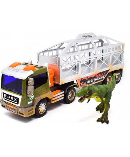 Maxx Action Long Haul Dinosaur Transport Truck & Trailer - 3 Piece Vehicle Toy for Kids - Lights Sounds and Friction Motor - ...