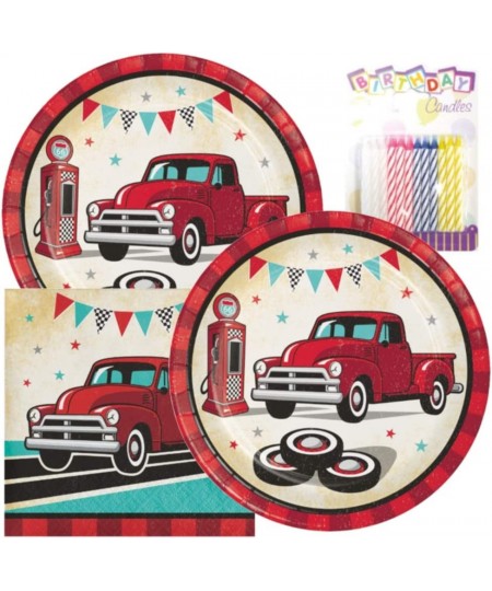 Vintage Red Truck Birthday Party Pack – Includes 7” Paper Plates & Beverage Napkins Plus 24 Birthday Candles – Serves 16 $26....