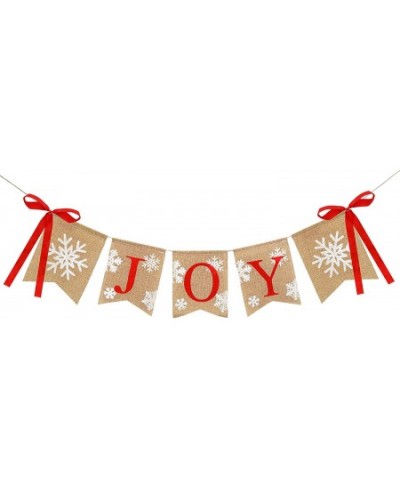 Christmas Burlap Banner Joy Bunting Flag Snowflake Banner with Ribbon Bows Rustic Hanging Banner Garland for Christmas Winter...