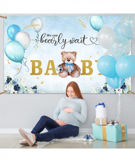 We Can Bearly Wait Baby Shower Decoration for Boy Teddy Bear Sky Blue and White Balloons Backdrop Banner Sign Photography Bac...