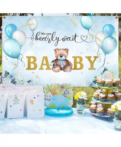 We Can Bearly Wait Baby Shower Decoration for Boy Teddy Bear Sky Blue and White Balloons Backdrop Banner Sign Photography Bac...