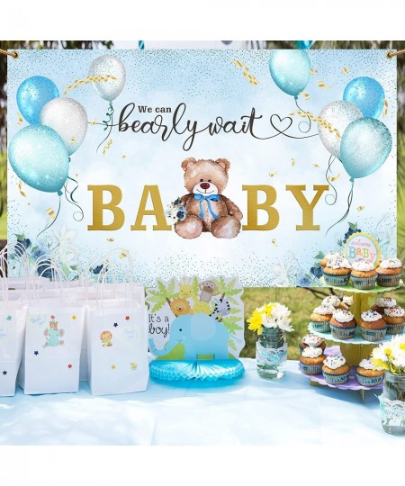 We Can Bearly Wait Baby Shower Decoration for Boy Teddy Bear Sky Blue and White Balloons Backdrop Banner Sign Photography Bac...