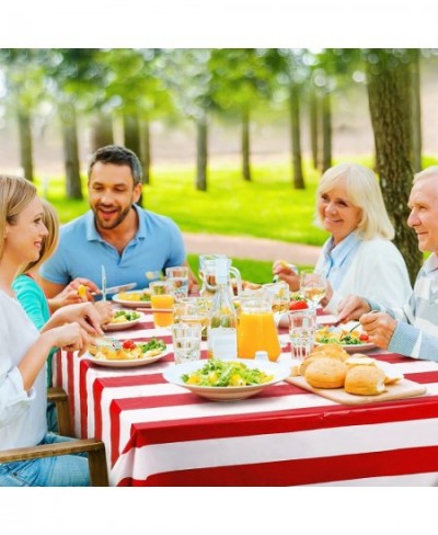 2 Pack Red and White Striped Tablecloth 54 x 108 Inch Waterproof Disposable Plastic Table Cover Rectangular Table Cloths for ...