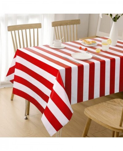 2 Pack Red and White Striped Tablecloth 54 x 108 Inch Waterproof Disposable Plastic Table Cover Rectangular Table Cloths for ...