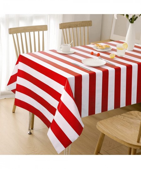 2 Pack Red and White Striped Tablecloth 54 x 108 Inch Waterproof Disposable Plastic Table Cover Rectangular Table Cloths for ...