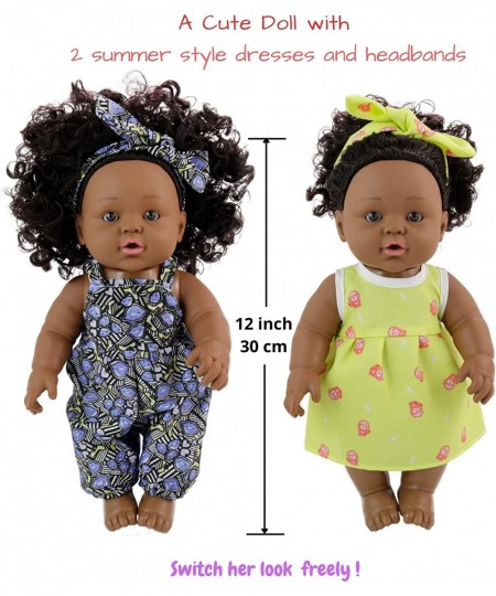 12 inch Reborn African American Black Doll Toy with Realistic Afro Hair 2 Summer Dresses and Beach Toy Prop for Girls Toddler...