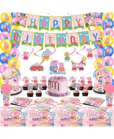 137pcs Pig Birthday Party Supplies for Serves 10 Guests with Birthday Decorations Banner Latex Balloons Hanging Swirl Tablecl...