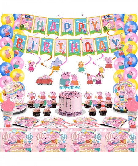 137pcs Pig Birthday Party Supplies for Serves 10 Guests with Birthday Decorations Banner Latex Balloons Hanging Swirl Tablecl...