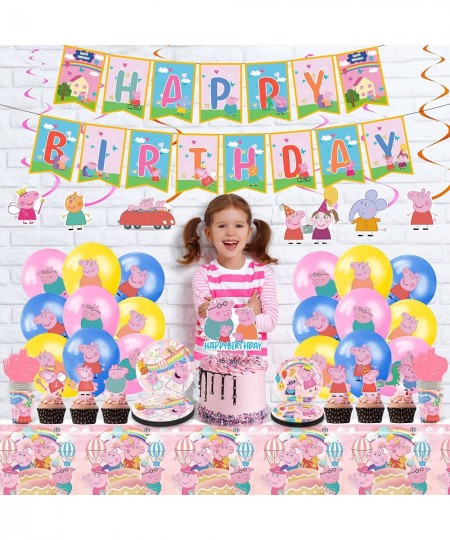 137pcs Pig Birthday Party Supplies for Serves 10 Guests with Birthday Decorations Banner Latex Balloons Hanging Swirl Tablecl...