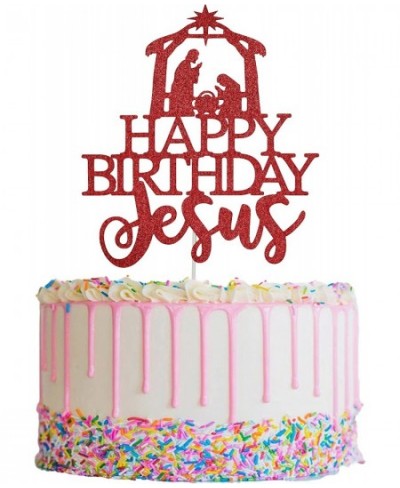 Happy Birthday Jesus Cake Topper Red Glittery Jesus Birthday Cake Decorations Jesus is Reason for the Season for Nativity Sce...