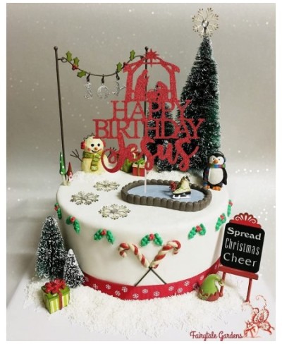 Happy Birthday Jesus Cake Topper Red Glittery Jesus Birthday Cake Decorations Jesus is Reason for the Season for Nativity Sce...