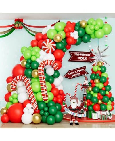 Christmas Balloon Garland Arch Kit with Xmas Red Dark Green White Gold Lime Green Balloon Candy Balloon Cane Balloon Silver S...