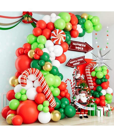 Christmas Balloon Garland Arch Kit with Xmas Red Dark Green White Gold Lime Green Balloon Candy Balloon Cane Balloon Silver S...