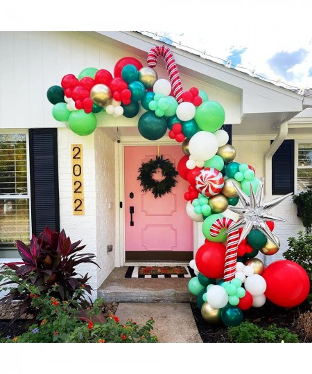 Christmas Balloon Garland Arch Kit with Xmas Red Dark Green White Gold Lime Green Balloon Candy Balloon Cane Balloon Silver S...