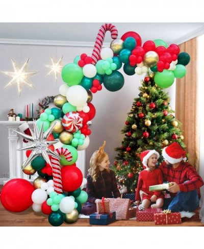 Christmas Balloon Garland Arch Kit with Xmas Red Dark Green White Gold Lime Green Balloon Candy Balloon Cane Balloon Silver S...