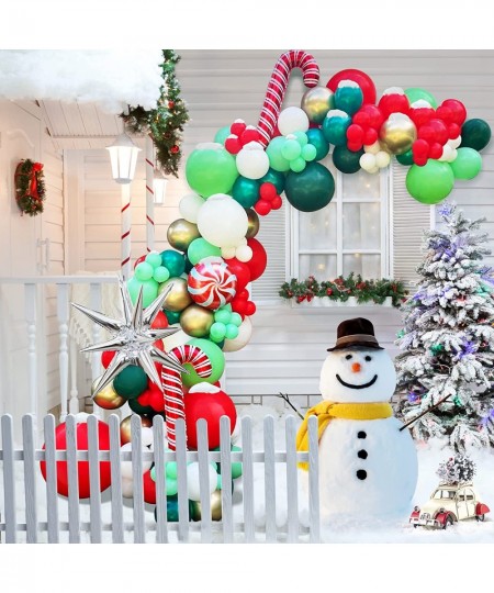 Christmas Balloon Garland Arch Kit with Xmas Red Dark Green White Gold Lime Green Balloon Candy Balloon Cane Balloon Silver S...