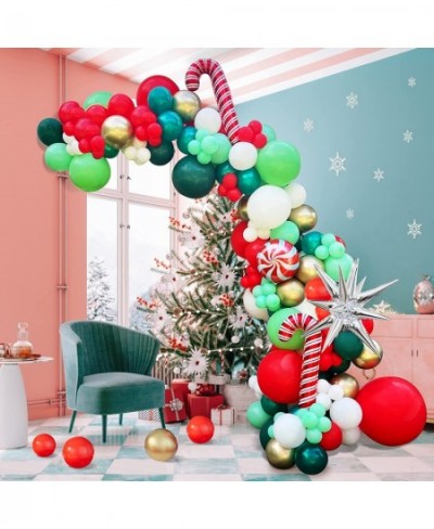 Christmas Balloon Garland Arch Kit with Xmas Red Dark Green White Gold Lime Green Balloon Candy Balloon Cane Balloon Silver S...