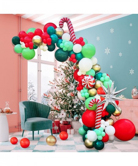 Christmas Balloon Garland Arch Kit with Xmas Red Dark Green White Gold Lime Green Balloon Candy Balloon Cane Balloon Silver S...