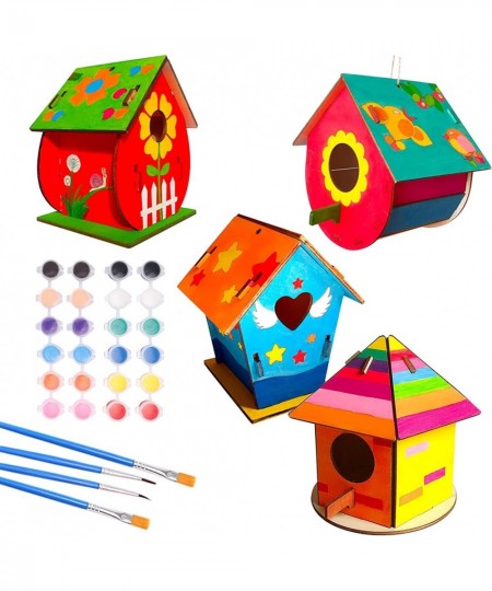 DIY Bird House Kit 4 Packs Wooden Doodle Birdhouses Set Build & Paint Wooden Arts and Painting Craft Toy with Paints & Brushe...