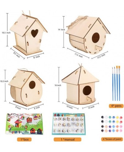 DIY Bird House Kit 4 Packs Wooden Doodle Birdhouses Set Build & Paint Wooden Arts and Painting Craft Toy with Paints & Brushe...