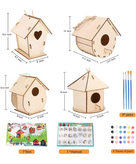 DIY Bird House Kit 4 Packs Wooden Doodle Birdhouses Set Build & Paint Wooden Arts and Painting Craft Toy with Paints & Brushe...