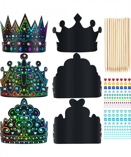 110 Pcs Paper Crowns Set Rainbow Scratch DIY Paper Crowns with Rainbow Scratch Crown Headband Hats Wooden Styluses Craft Elas...