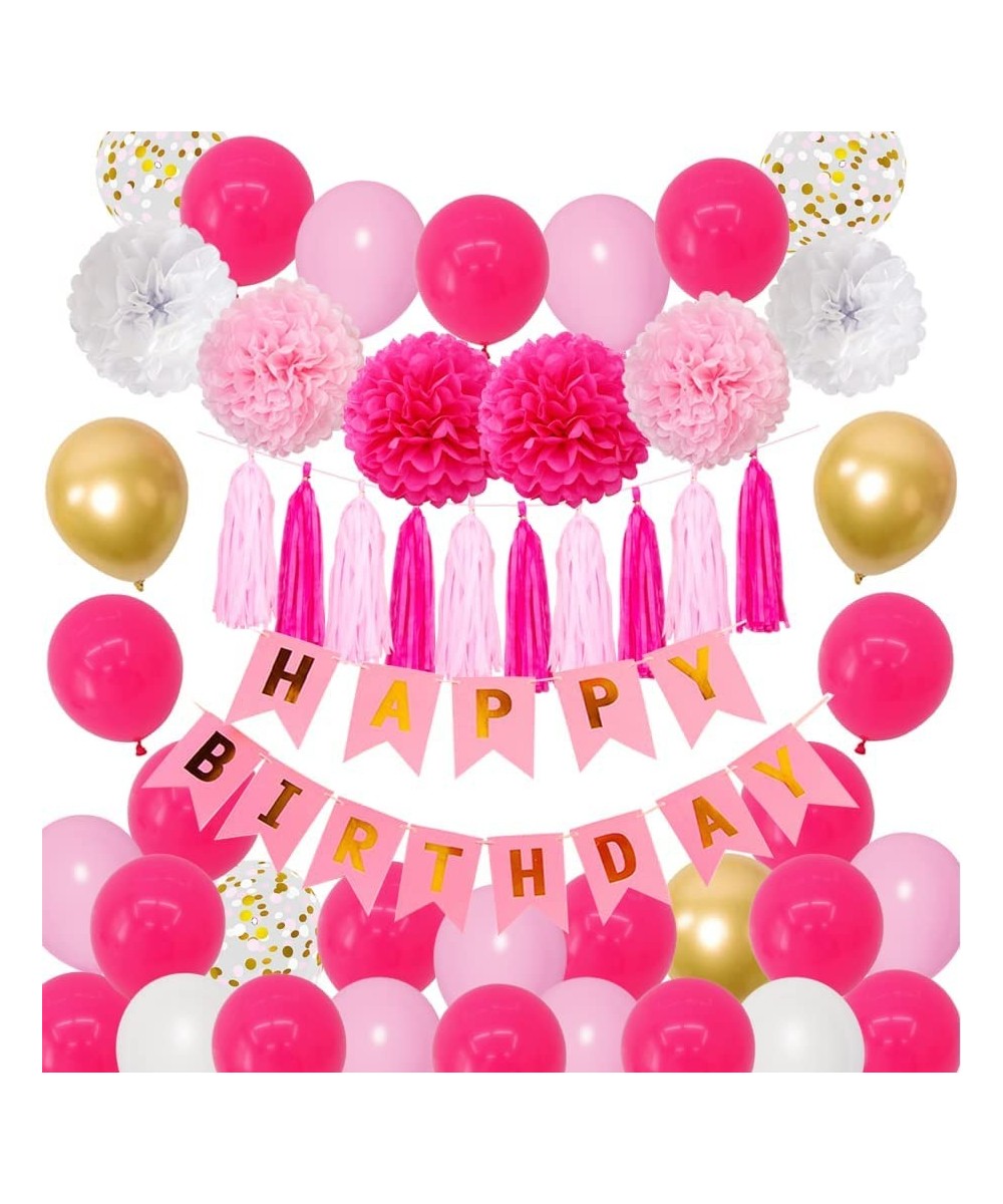 Hot Pink Birthday Party Decorations Pink Gold White Confetti Latex Metallic Balloons with Happy Birthday Banner Paper Pom Pom...