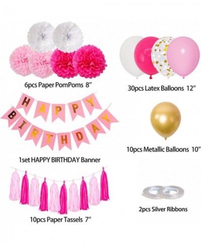 Hot Pink Birthday Party Decorations Pink Gold White Confetti Latex Metallic Balloons with Happy Birthday Banner Paper Pom Pom...