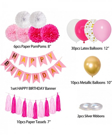 Hot Pink Birthday Party Decorations Pink Gold White Confetti Latex Metallic Balloons with Happy Birthday Banner Paper Pom Pom...