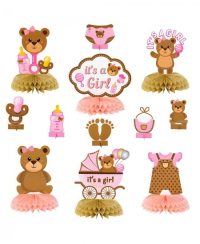 12Pcs Teddy Bear Honeycomb Centerpieces It's a girl Baby Shower Decoration Pink and Brown Bear Table Topper Sign for Newborn ...