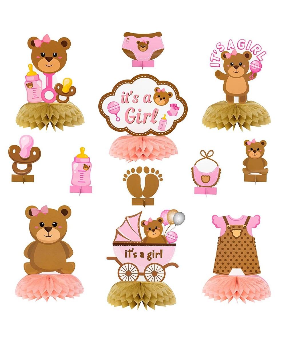 12Pcs Teddy Bear Honeycomb Centerpieces It's a girl Baby Shower Decoration Pink and Brown Bear Table Topper Sign for Newborn ...