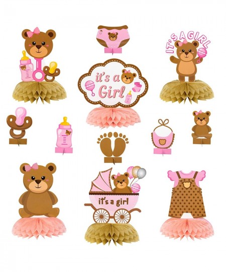 12Pcs Teddy Bear Honeycomb Centerpieces It's a girl Baby Shower Decoration Pink and Brown Bear Table Topper Sign for Newborn ...