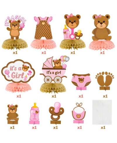 12Pcs Teddy Bear Honeycomb Centerpieces It's a girl Baby Shower Decoration Pink and Brown Bear Table Topper Sign for Newborn ...