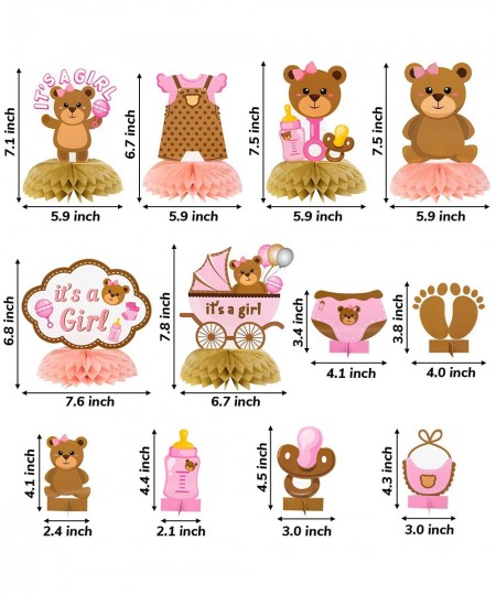 12Pcs Teddy Bear Honeycomb Centerpieces It's a girl Baby Shower Decoration Pink and Brown Bear Table Topper Sign for Newborn ...