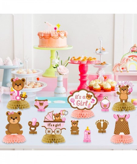 12Pcs Teddy Bear Honeycomb Centerpieces It's a girl Baby Shower Decoration Pink and Brown Bear Table Topper Sign for Newborn ...