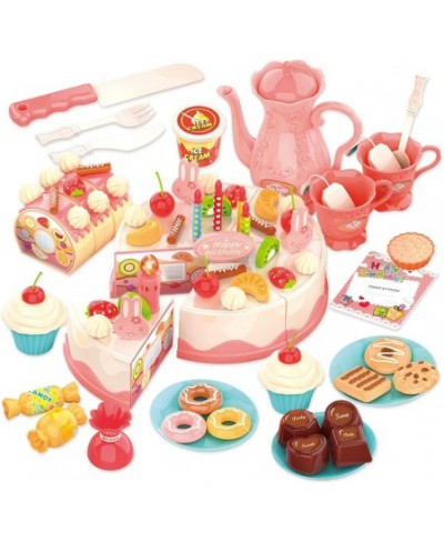 Birthday Cake Toy Pretend Play Tea Set with Lights & Music DIY Cutting Play Food with Bread Roll Chocolate Sandy & Dessert Gi...