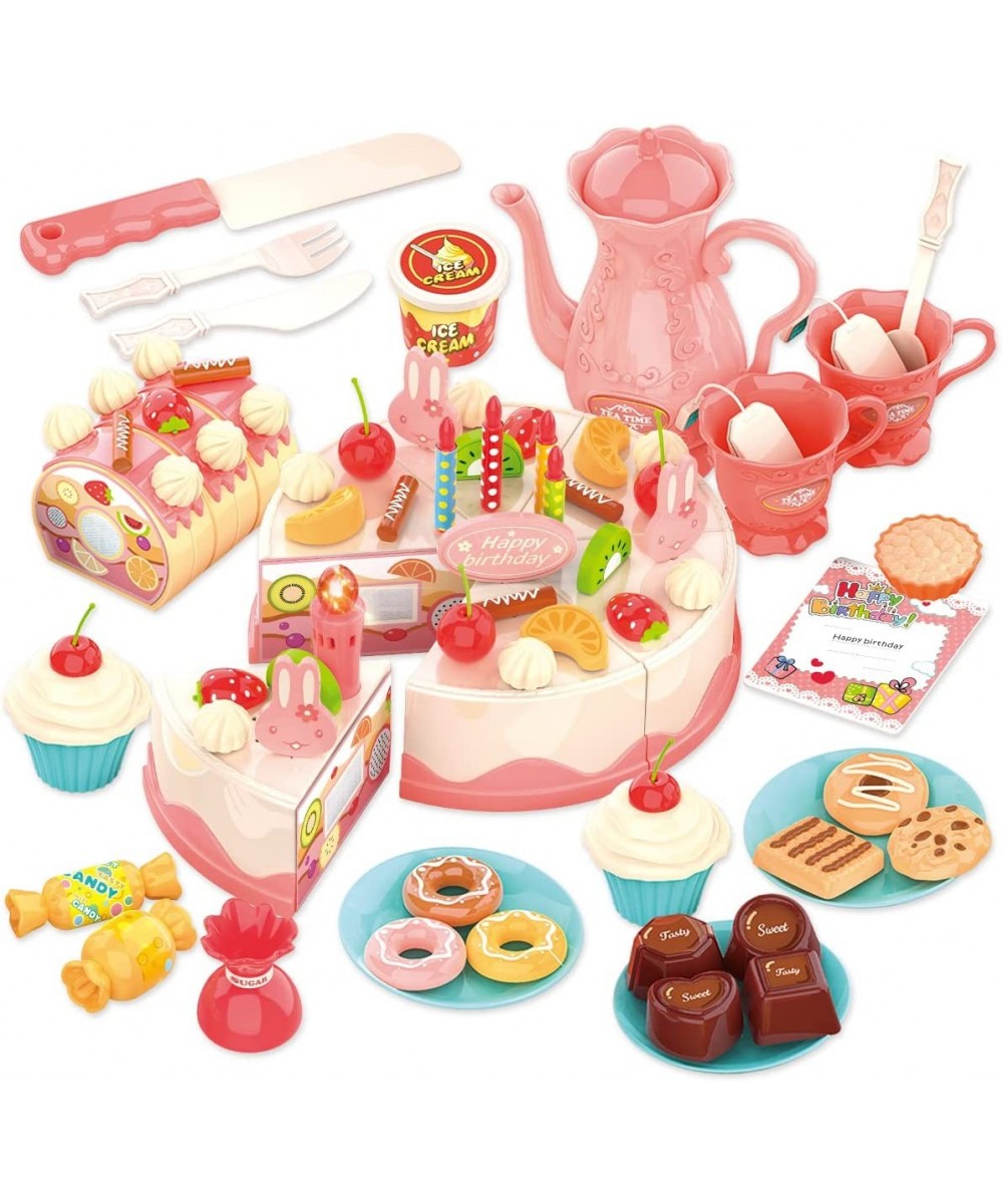 Birthday Cake Toy Pretend Play Tea Set with Lights & Music DIY Cutting Play Food with Bread Roll Chocolate Sandy & Dessert Gi...