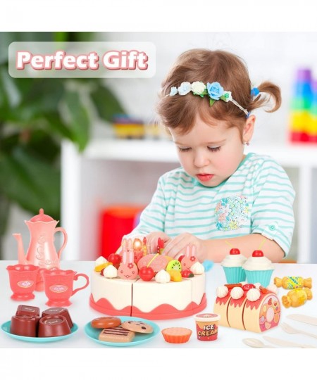 Birthday Cake Toy Pretend Play Tea Set with Lights & Music DIY Cutting Play Food with Bread Roll Chocolate Sandy & Dessert Gi...