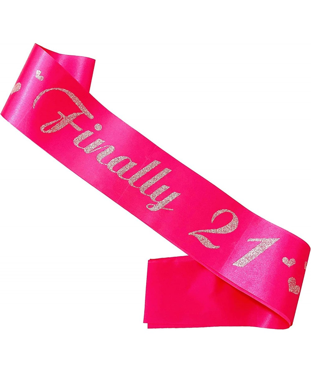 21st Birthday Girl Sash Hot Pink Satin Soft Sashes with Silver Glitter Letter Finally 21 Birthday Decorations for Girls Happy...